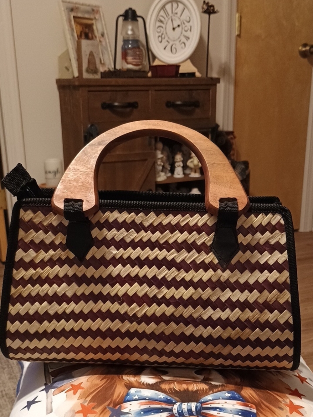 Woven Straw Tote Bag with Wooden Handles - Brown & Natural